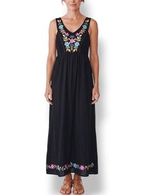 4/$20 R&B Medium Black Floral Embroidered Smocked Cotton Boho Maxi Dress